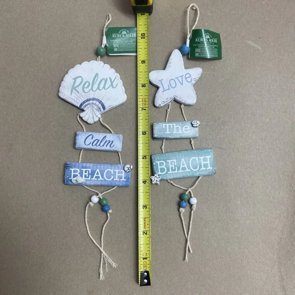 Coastal Beach Wooden Sign Christmas Ornament Lot of 2 Assorted Kurt Adler NWT